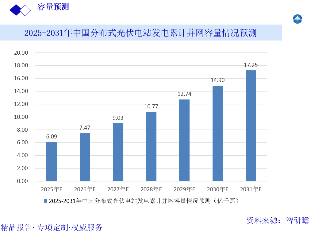 2025-2031年中国分布式光伏电站发电累计并网容量情况预测图片